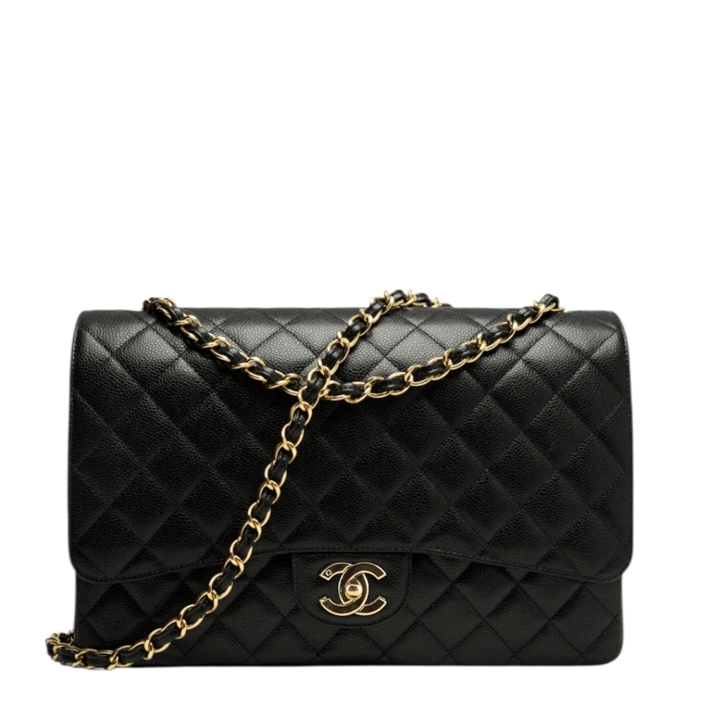 Rare! Chanel CC 24 kt Gold HW Classic Single Flap Bag Quilted BLACK Caviar JUMBO - Picture 6 of 16